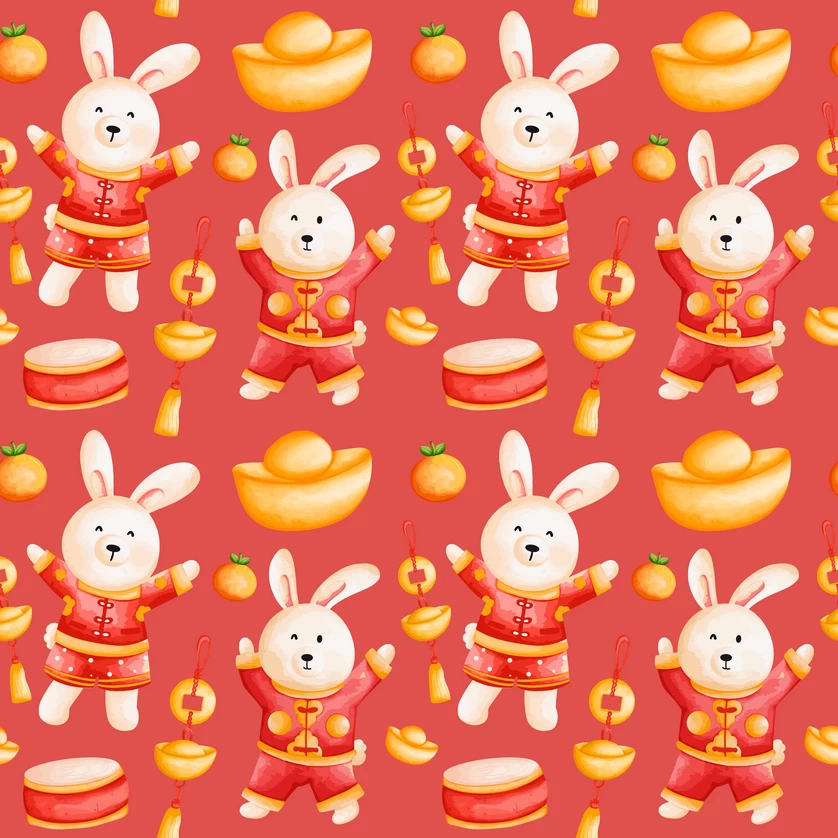 兔年红色喜庆新年春节元素印花效果无缝背景底纹AI矢量设计素材【004】
